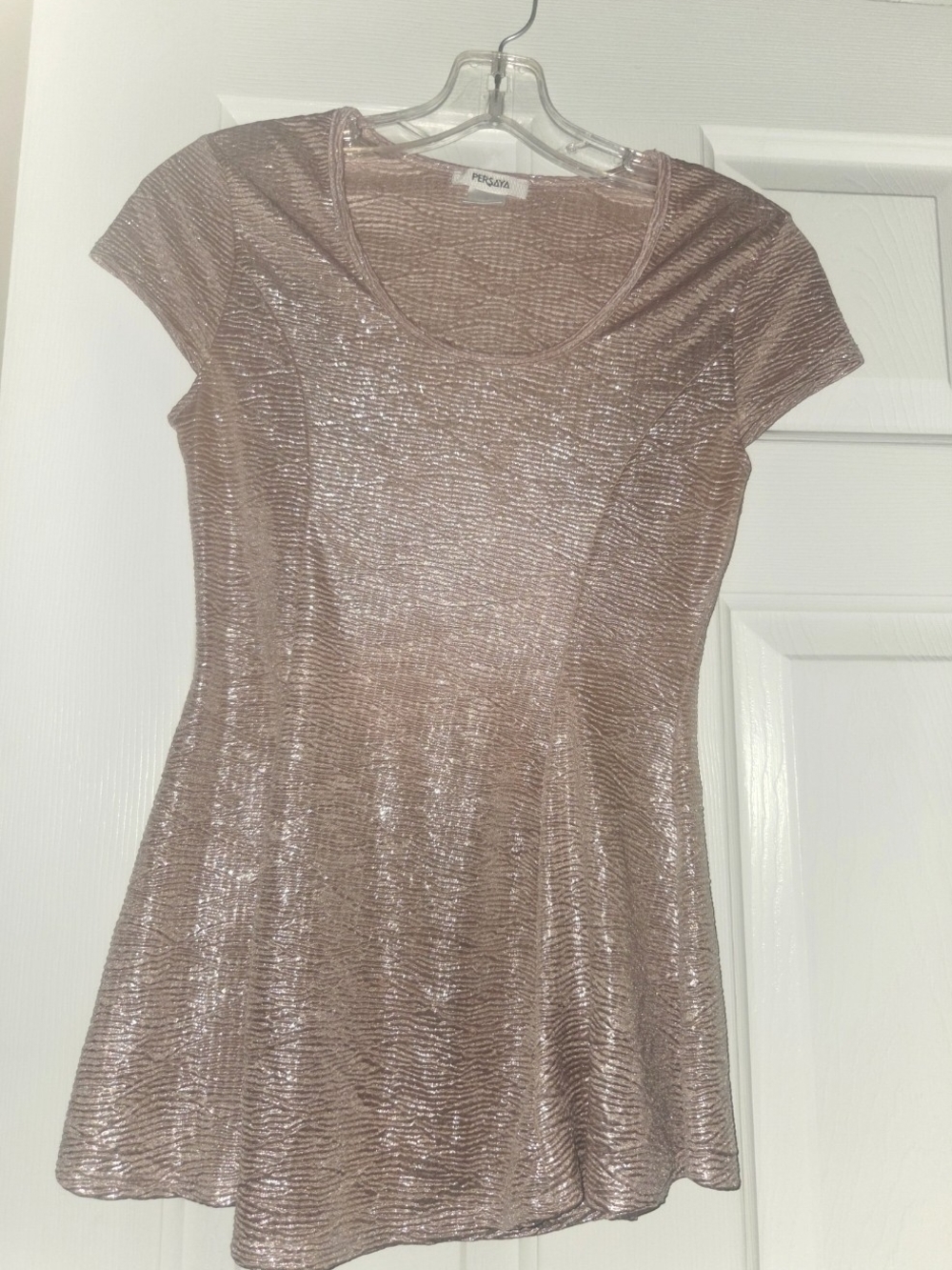 Persaya Metallic Blush Textured Short Sleeve Top